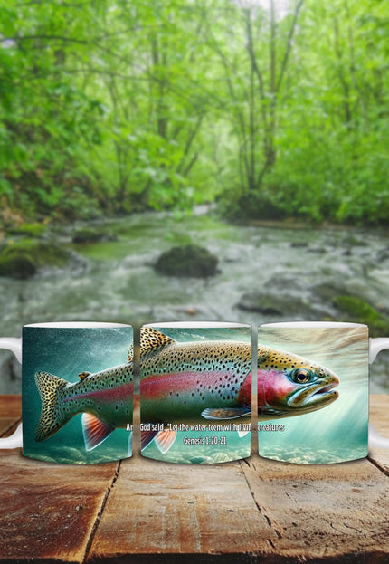 "Genesis Rainbow Trout 15 oz. Ceramic Mug - Inspirational Angler's Choice, Microwave and Dishwasher Safe" - TEXT OF TRUTH6315456_4830