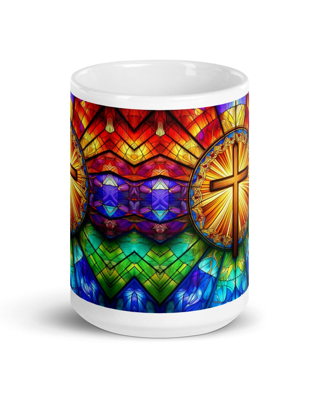 "Radiant Stained Glass Cross 15 oz. Ceramic Mug – Spiritual Elegance, Microwave and Dishwasher Safe" - TEXT OF TRUTH1046374_4830