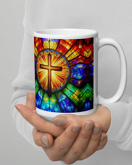 "Radiant Stained Glass Cross 15 oz. Ceramic Mug – Spiritual Elegance, Microwave and Dishwasher Safe" - TEXT OF TRUTH1046374_4830