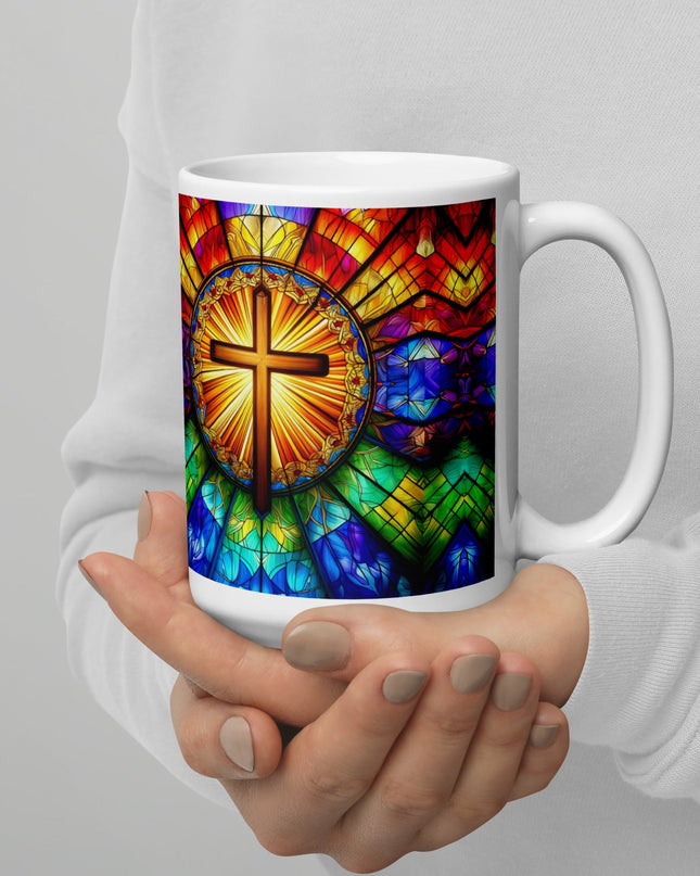 "Radiant Stained Glass Cross 15 oz. Ceramic Mug – Spiritual Elegance, Microwave and Dishwasher Safe" - TEXT OF TRUTH1046374_4830