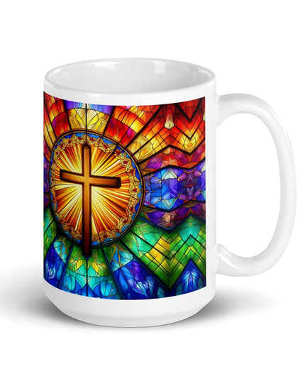 "Radiant Stained Glass Cross 15 oz. Ceramic Mug – Spiritual Elegance, Microwave and Dishwasher Safe" - TEXT OF TRUTH1046374_4830