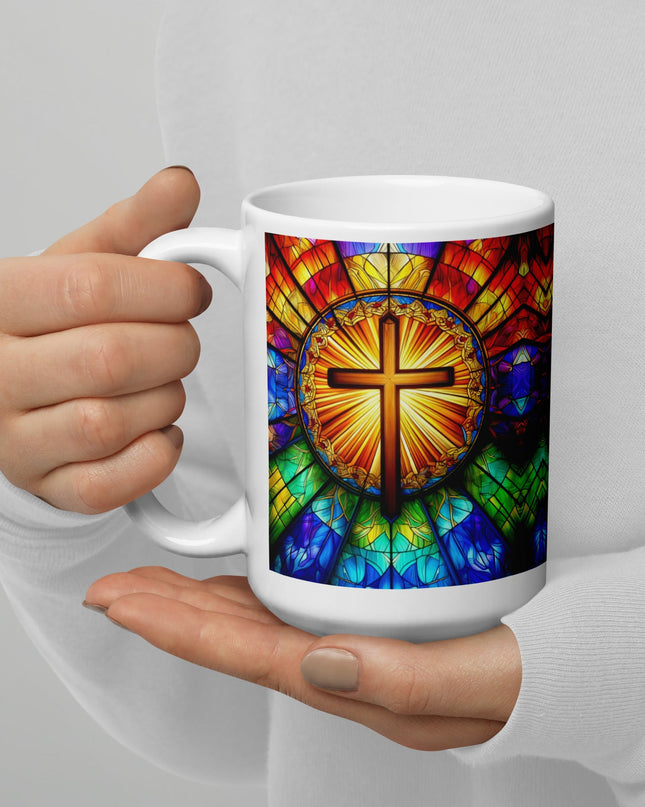 "Radiant Stained Glass Cross 15 oz. Ceramic Mug – Spiritual Elegance, Microwave and Dishwasher Safe" - TEXT OF TRUTH1046374_4830