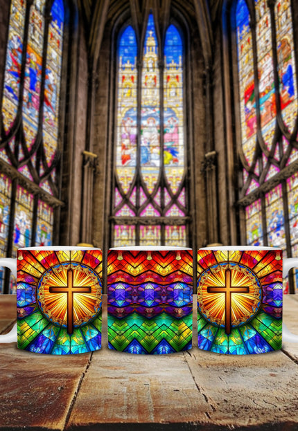 "Radiant Stained Glass Cross 15 oz. Ceramic Mug – Spiritual Elegance, Microwave and Dishwasher Safe" - TEXT OF TRUTH1046374_4830