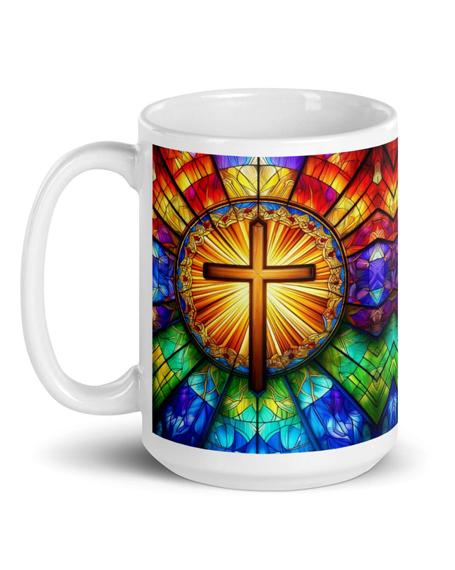 "Radiant Stained Glass Cross 15 oz. Ceramic Mug – Spiritual Elegance, Microwave and Dishwasher Safe" - TEXT OF TRUTH1046374_4830