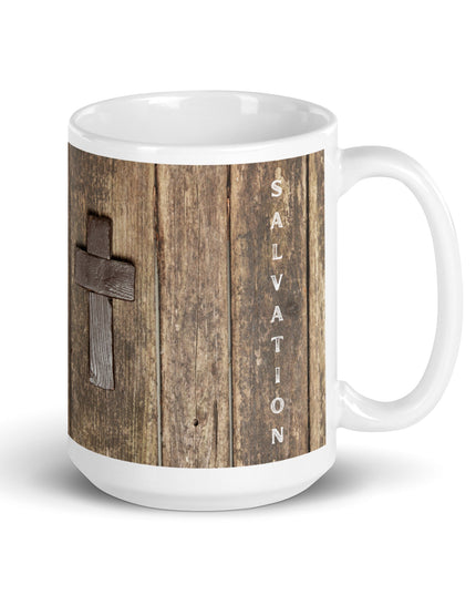 "Salvation Cross 15 oz. Ceramic Mug – Rustic Spiritual Drinkware, Microwave and Dishwasher Safe" - TEXT OF TRUTH6970115_4830