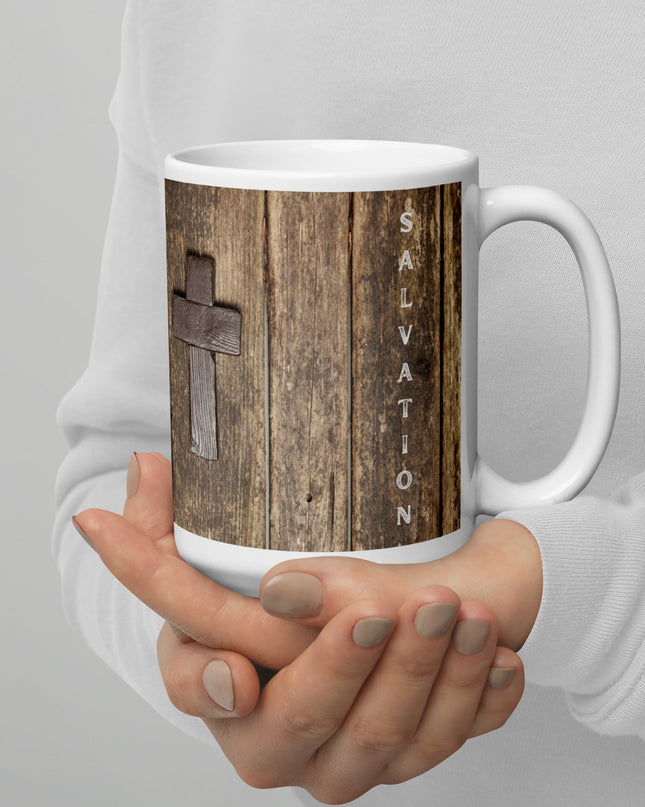 "Salvation Cross 15 oz. Ceramic Mug – Rustic Spiritual Drinkware, Microwave and Dishwasher Safe" - TEXT OF TRUTH6970115_4830