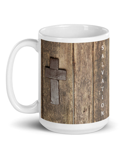 "Salvation Cross 15 oz. Ceramic Mug – Rustic Spiritual Drinkware, Microwave and Dishwasher Safe" - TEXT OF TRUTH6970115_4830