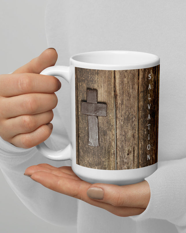 "Salvation Cross 15 oz. Ceramic Mug – Rustic Spiritual Drinkware, Microwave and Dishwasher Safe" - TEXT OF TRUTH6970115_4830