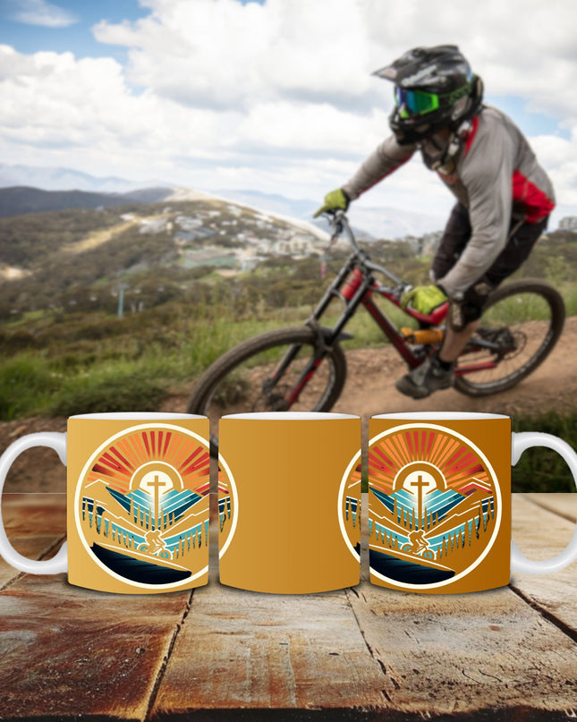 "Spirit of the Ride 15 oz. Ceramic Mug - Cyclist Cross Design, Microwave and Dishwasher Safe" - TEXT OF TRUTH2077765_4830