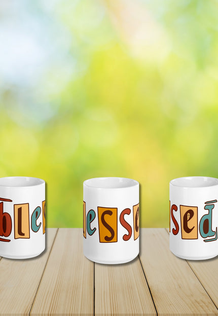 "Vibrant 'BLESSED' Motif 15 oz. Ceramic Mug – Microwave and Dishwasher Safe" - TEXT OF TRUTH4236385_4830